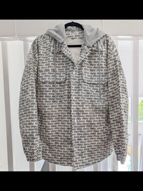 MIU MIU Logo Print Hoodie Jacket - White/Black Unisex Shacket